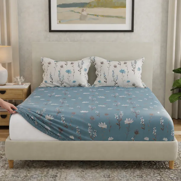144_TC_Cotton_Elastic_Fitted_Bedsheets_Double_Size_with_2_Pillow_Covers_|_60_x_78_inches_|_Blue_&_White