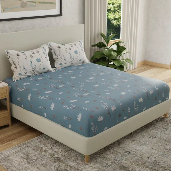 144_TC_Cotton_Elastic_Fitted_Bedsheets_Double_Size_with_2_Pillow_Covers_|_60_x_78_inches_|_Blue_&_White