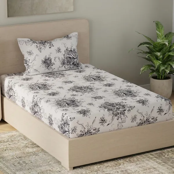 210_TC_Cotton_Bedsheet_Single_Bed_with_1_Pillow_Cover_-_White_&_Black