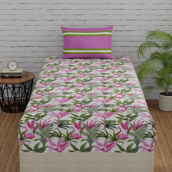 144_TC_Fitted_Cotton_Bedsheet_Single_Bed_with_1_Pillow_Cover_|_36x78_inches_|_Flamingo_&_Stripes_-_Pink_&_Green