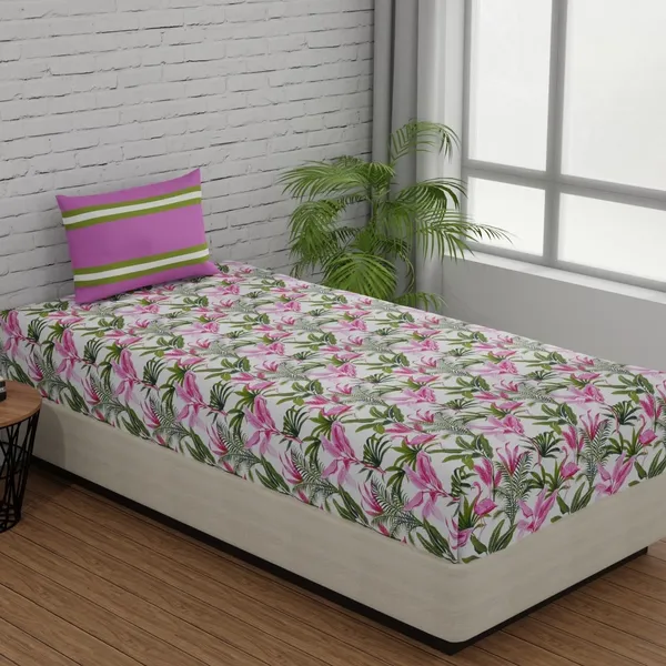 144_TC_Fitted_Cotton_Bedsheet_Single_Bed_with_1_Pillow_Cover_|_36x78_inches_|_Flamingo_&_Stripes_-_Pink_&_Green