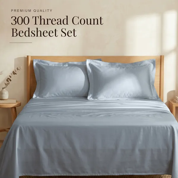 300_TC_Premium_Cotton_Sateen_Weave_Double_Bedsheet_Set_with_2_Pillow_Covers_|_Greyish_Blue_|88_x_100Inches