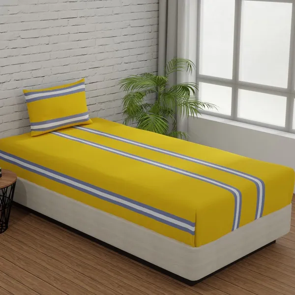 144_TC_Fitted_Single_Bedsheet_Cotton_with_1_Pillow_Cover_|_3ft_x_6.5ft_|_Stripes_-_Yellow_&_Grey