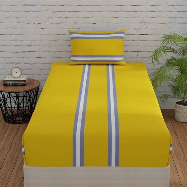 144_TC_Fitted_Single_Bedsheet_Cotton_with_1_Pillow_Cover_|_3ft_x_6.5ft_|_Stripes_-_Yellow_&_Grey