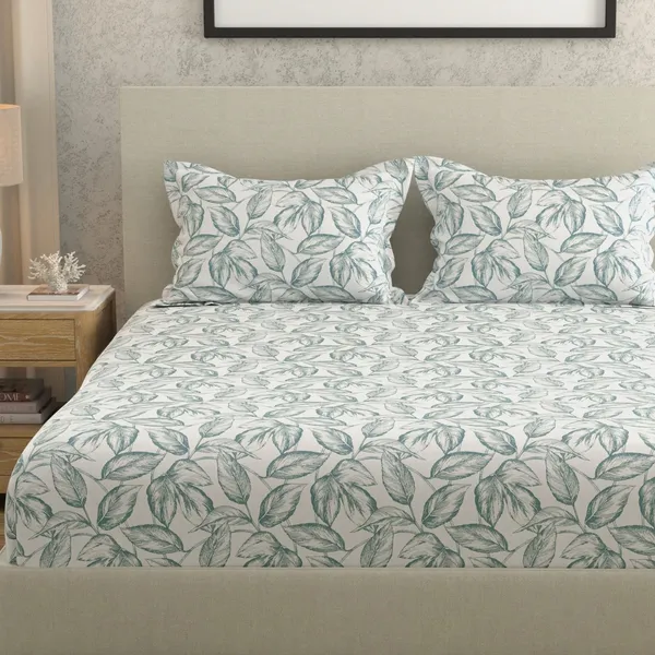 144_TC_Cotton_Bedsheet_for_Double_Bed_King_Size_with_2_Pillow_Covers_|_White_&_Teal