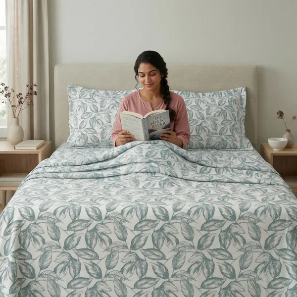 144_TC_Cotton_Bedsheet_for_Double_Bed_King_Size_with_2_Pillow_Covers_|_White_&_Teal