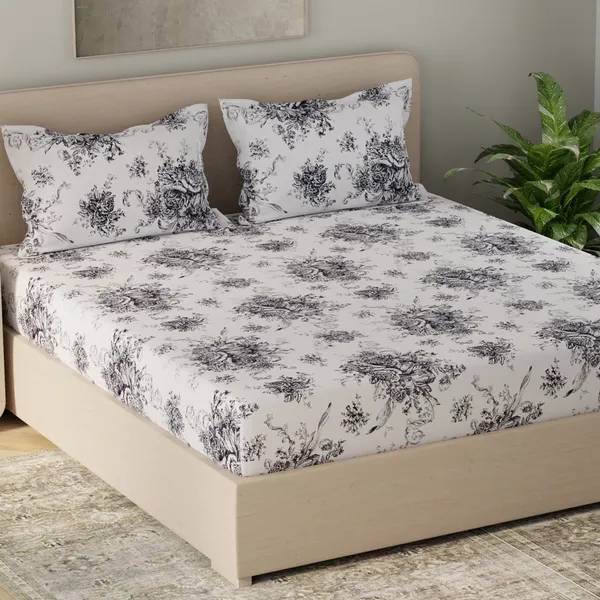 210_TC_Cotton_Bed_Sheets_for_Double_Set_Bed_with_2_Pillow_Covers_-_White_&_Black