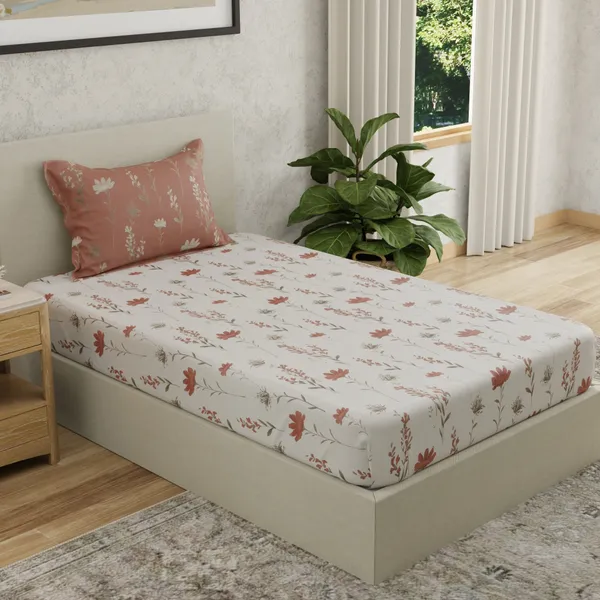 144_TC_Bedsheet_for_Single_Bed_with_1_Pillow_Cover_|_White,_Rust_&_Grey