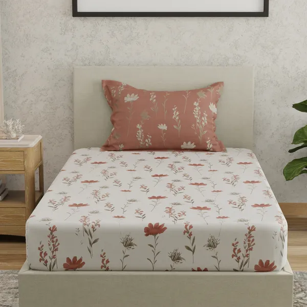 144_TC_Bedsheet_for_Single_Bed_with_1_Pillow_Cover_|_White,_Rust_&_Grey