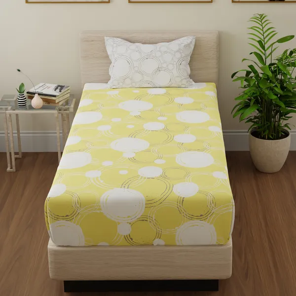 144_TC_Bedsheet_for_Single_Bed_with_1_Pillow_Cover_|_Sphere_|_Yellow_&_Off_White