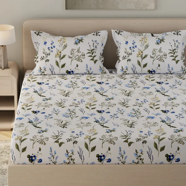 210_TC_Cotton_Bed_Sheets_for_Double_Set_Bed_with_2_Pillow_Covers_-_White,_Blue_&_Green