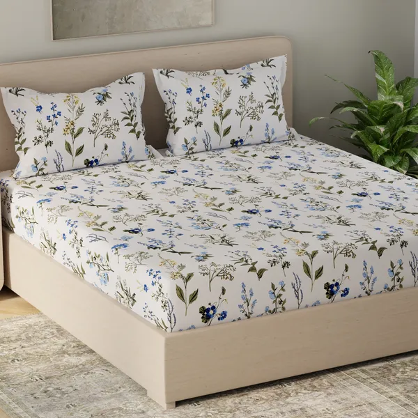 210_TC_Cotton_Bed_Sheets_for_Double_Set_Bed_with_2_Pillow_Covers_-_White,_Blue_&_Green