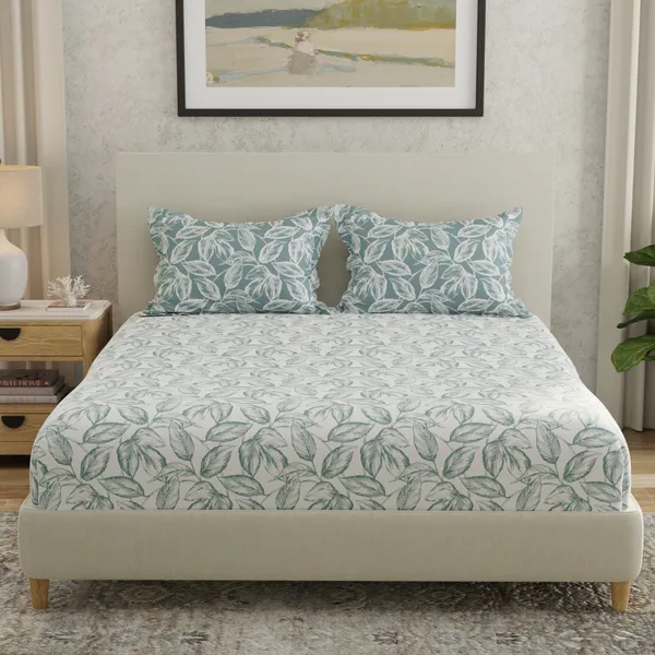 144_TC_Cotton_Bedsheet_for_Double_Bed_King_Size_with_2_Pillow_Covers_|_White_&_Teal_Leaves