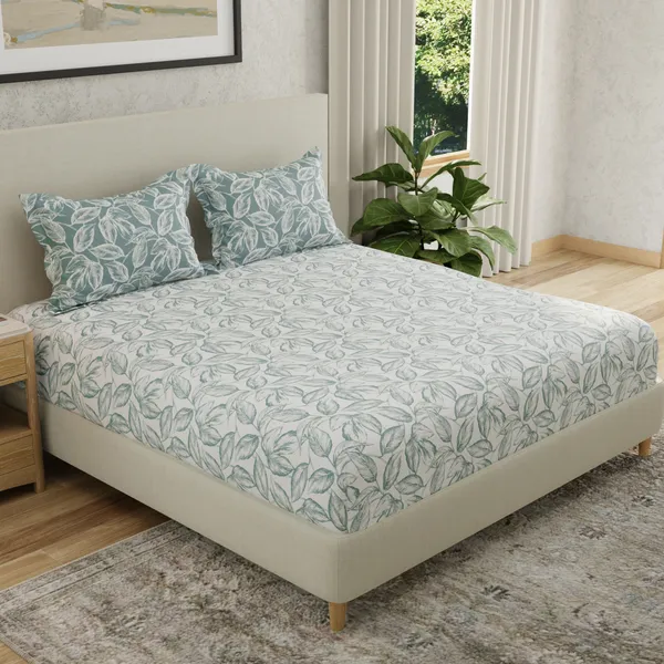 144_TC_Cotton_Bedsheet_for_Double_Bed_King_Size_with_2_Pillow_Covers_|_White_&_Teal_Leaves