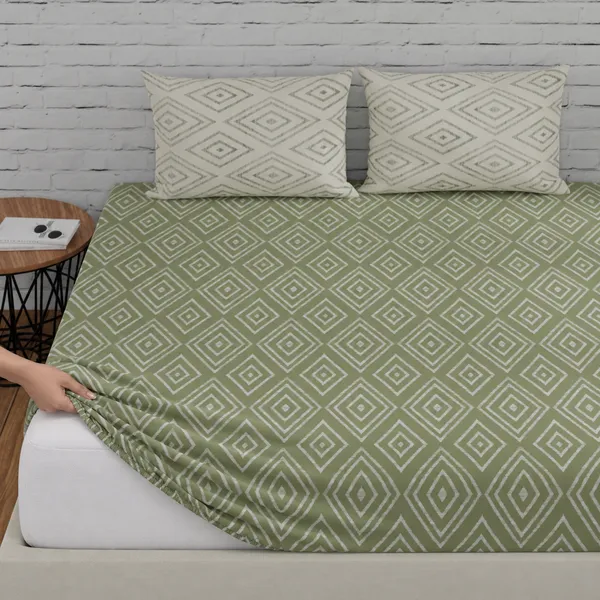 144_TC_Cotton_Elastic_Fitted_Bedsheets_King_Size_with_2_Pillow_Covers__|_72x78_inches_|_Sage_Green_&_White