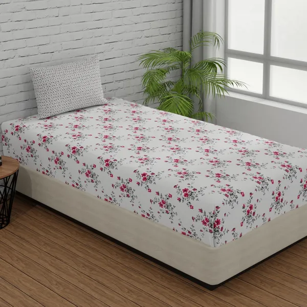 144_TC_Bedsheet_for_Single_Bed_with_1_Pillow_Cover_|_White,_Light_Coral_&_Grey