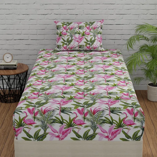 144_TC_Fitted_Single_Bedsheet_Cotton_with_1_Pillow_Cover_|_3ft_x_6.5ft_|_Flamingo_-_Pink