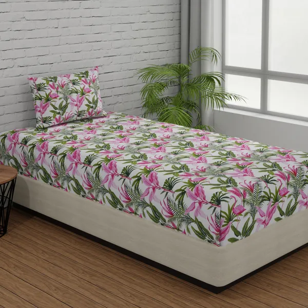 144_TC_Fitted_Single_Bedsheet_Cotton_with_1_Pillow_Cover_|_3ft_x_6.5ft_|_Flamingo_-_Pink