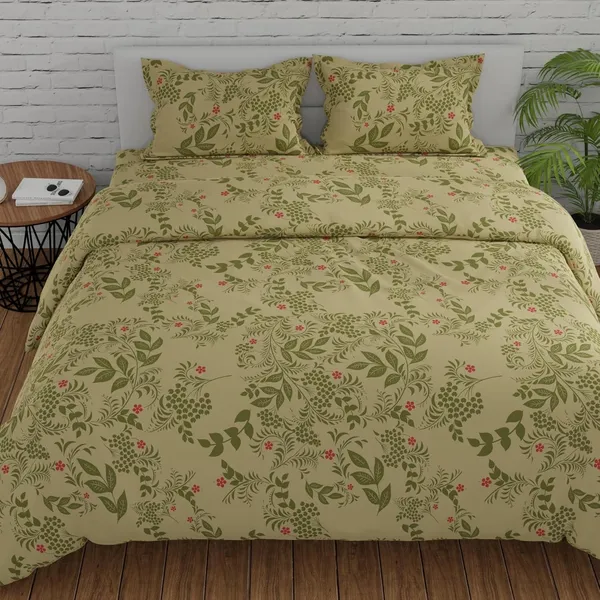 144_TC_King_Size_Bedsheet_Cotton_with_2_Pillow_Covers_|_Botanical_Bliss_|_Vanilla_&_Green_|_108_x_108_inches