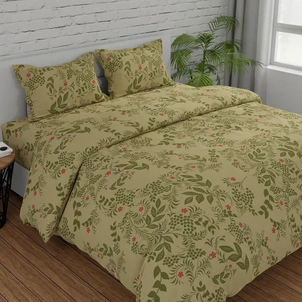 144_TC_King_Size_Bedsheet_Cotton_with_2_Pillow_Covers_|_Botanical_Bliss_|_Vanilla_&_Green_|_108_x_108_inches