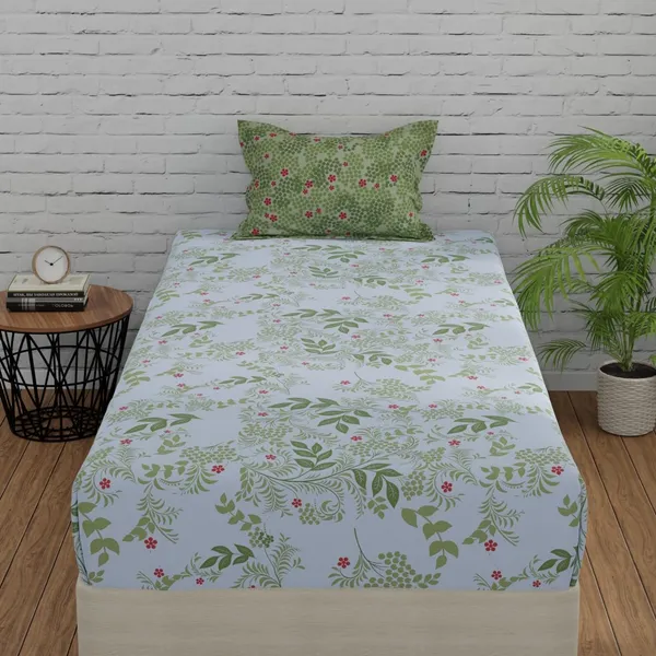144_TC_Bedsheet_for_Single_Bed_with_1_Pillow_Cover_|_Botanical_Bliss_|_White_&_Green