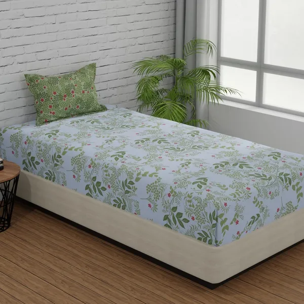 144_TC_Bedsheet_for_Single_Bed_with_1_Pillow_Cover_|_Botanical_Bliss_|_White_&_Green