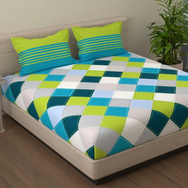 144_TC_Checkered_Bedsheet_for_King_Size_Bed_with_2_Pillow_Covers_|_108_by_108_inch_|_Blue,_Green_&_Grey