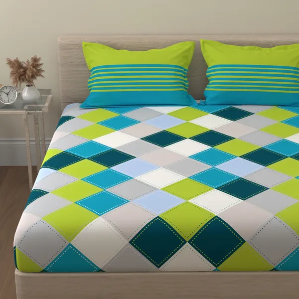 144_TC_Checkered_Bedsheet_for_King_Size_Bed_with_2_Pillow_Covers_|_108_by_108_inch_|_Blue,_Green_&_Grey