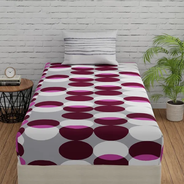 144_TC_Fitted_Single_Bedsheet_Cotton_with_1_Pillow_Cover_|_Mahogany,_Grey_&_White_|_Bubble_Drop_|_3ft_x_6.5ft