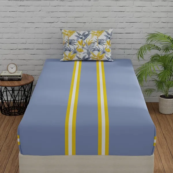 144_TC_Fitted_Bedsheet_for_Single_Bed_with_1_Pillow_Cover_|_36_x_78_inches_|_Stripes_&_Flamingo_-_Grey_&_Yellow