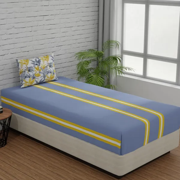 144_TC_Fitted_Bedsheet_for_Single_Bed_with_1_Pillow_Cover_|_36_x_78_inches_|_Stripes_&_Flamingo_-_Grey_&_Yellow