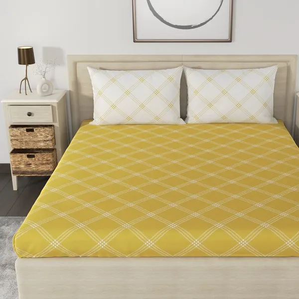 210_TC_Cotton_Elastic_Fitted_Bedsheets_King_Size_with_2_Pillow_Covers_|_72x78_inches_|_Yellow_&_White