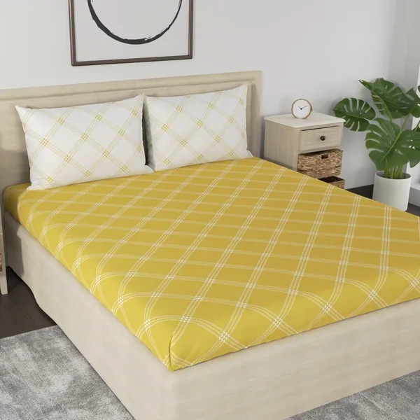 210_TC_Cotton_Elastic_Fitted_Bedsheets_King_Size_with_2_Pillow_Covers_|_72x78_inches_|_Yellow_&_White