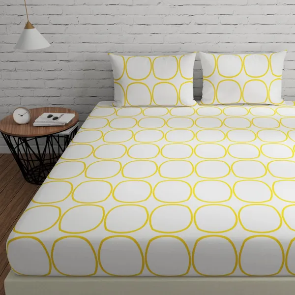 144_TC_Fitted_Cotton_Bedsheet_for_Double_Bed_with_2_Pillow_Covers_|_60_x_78_inches_|_White_(Yellow_Circles)