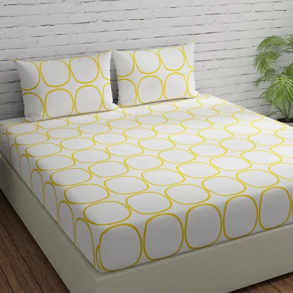 144_TC_Fitted_Cotton_Bedsheet_for_Double_Bed_with_2_Pillow_Covers_|_60_x_78_inches_|_White_(Yellow_Circles)