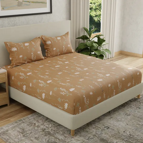 144_TC_Cotton_Bedsheet_for_Double_Bed_King_Size_with_2_Pillow_Covers_|_Tangerine_Orange,_White_&_Grey