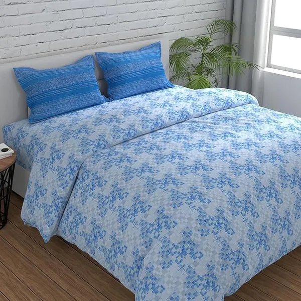 144_TC_Cotton_Bedsheet_for_Double_Bed_with_2_Pillow_Covers_|_Grid_|_Blue,_Grey_&_White