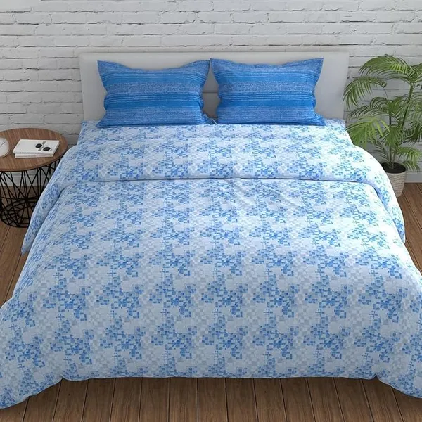 144_TC_Cotton_Bedsheet_for_Double_Bed_with_2_Pillow_Covers_|_Grid_|_Blue,_Grey_&_White
