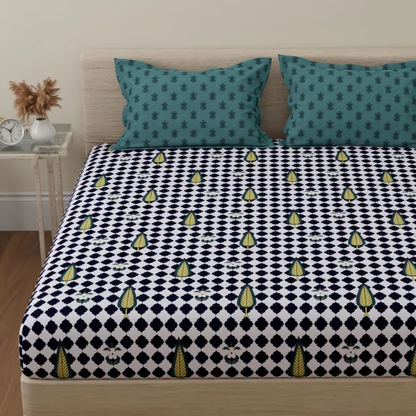 144_TC_Double_Bedsheet_Cotton_with_2_Pillow_Covers_|_Black,_White_&_Jungle_Green