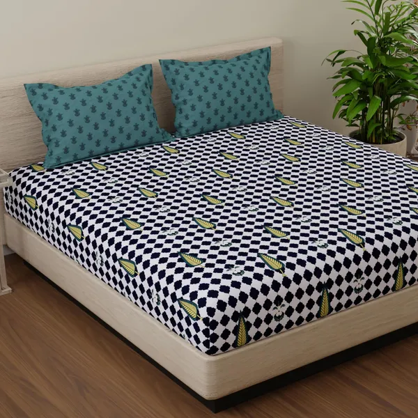 144_TC_Double_Bedsheet_Cotton_with_2_Pillow_Covers_|_Black,_White_&_Jungle_Green
