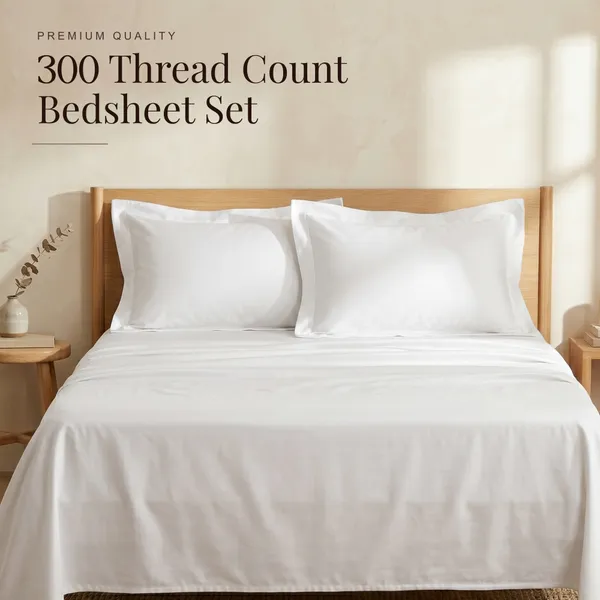 300_TC_Premium_Cotton_Sateen_Weave_King_Bedsheet_Set_with_2_Pillow_Covers_|_White_|108_x_108_Inches
