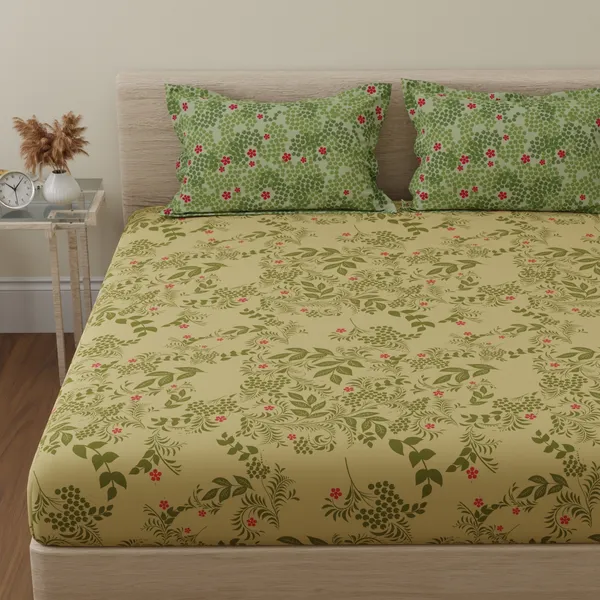 144_TC_Cotton_Bedsheet_for_Double_Bed_with_2_Pillow_Covers_|_Botanical_Bliss_|_Vanilla_&_Green