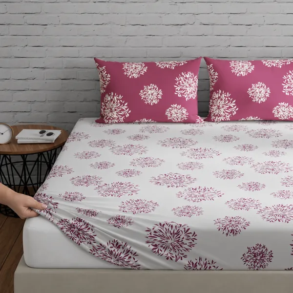 144_TC_Cotton_Fitted_Bedsheets_King_Size_with_2_Pillow_Covers_|_6ft_x_6.5ft_|_White_&_Mauve