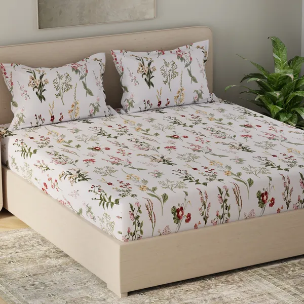 210_TC_Cotton_Bed_Sheets_for_Double_Set_Bed_with_2_Pillow_Covers_-_White,_Yellow_and_Pink