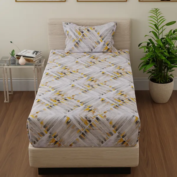 144_TC_Abstract_Bedsheet_for_Single_Bed_with_1_Pillow_Cover_-_Grey,_Yellow_&_White