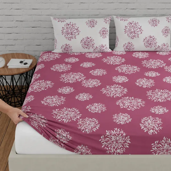 144_TC_Fitted_Cotton_Bedsheets_for_Double_Bed_with_2_Pillow_Covers_|_60x78_inches,_Mauve_&_White