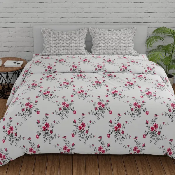 144_TC_Cotton_Bedsheet_for_Double_Bed_with_2_Pillow_Covers_|_White,_Light_Coral_&_Grey