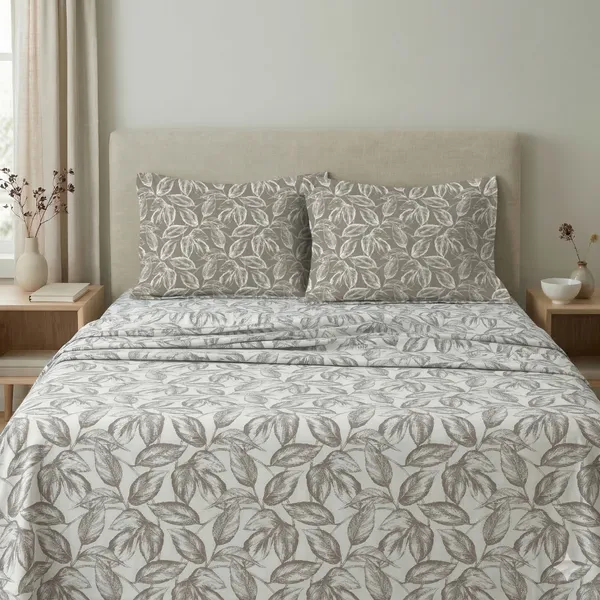 144_TC_Cotton_Bedsheet_for_Double_Bed_King_Size_with_2_Pillow_Covers_|_White_&_Antique_Pewter_Leaves