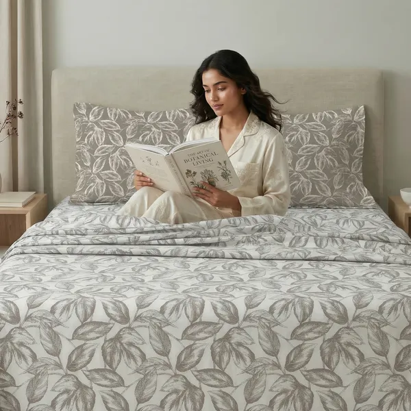 144_TC_Cotton_Bedsheet_for_Double_Bed_King_Size_with_2_Pillow_Covers_|_White_&_Antique_Pewter_Leaves