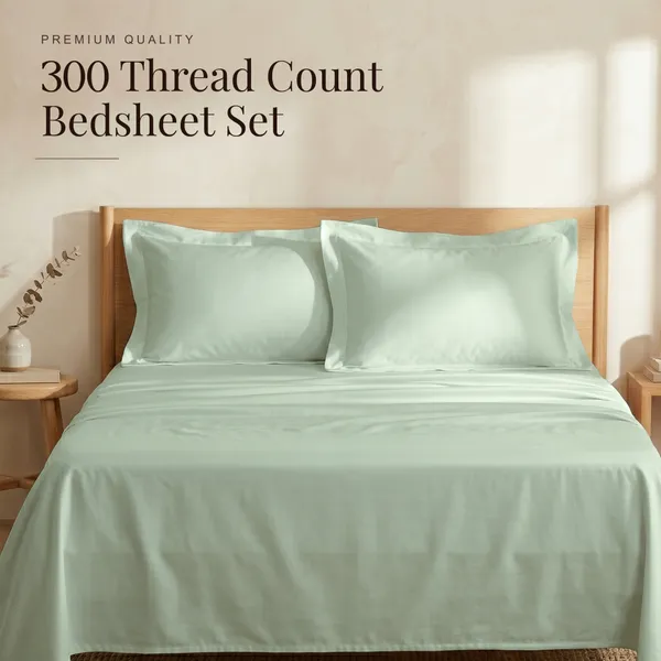 300_TC_Premium_Cotton_Sateen_Weave_King_Bedsheet_Set_with_2_Pillow_Covers_|_Misty_Jade_|108_x_108_Inches
